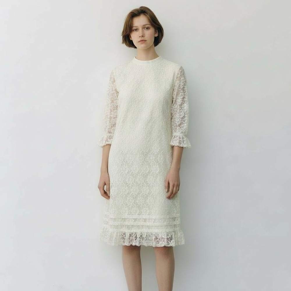Vicky Vaughn Floral Lace Dress Ivory 3/4 Sleeve Ruffle Hem Cottage‎ Boho Wedding
